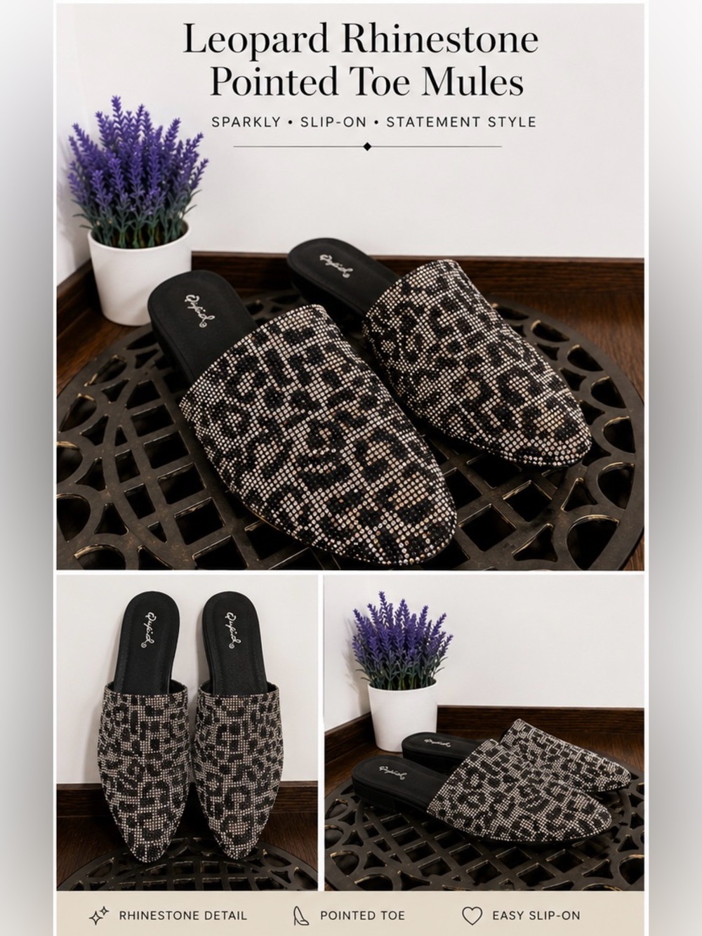Pointed Toe Sparkle Mules — Black Leopard Pattern